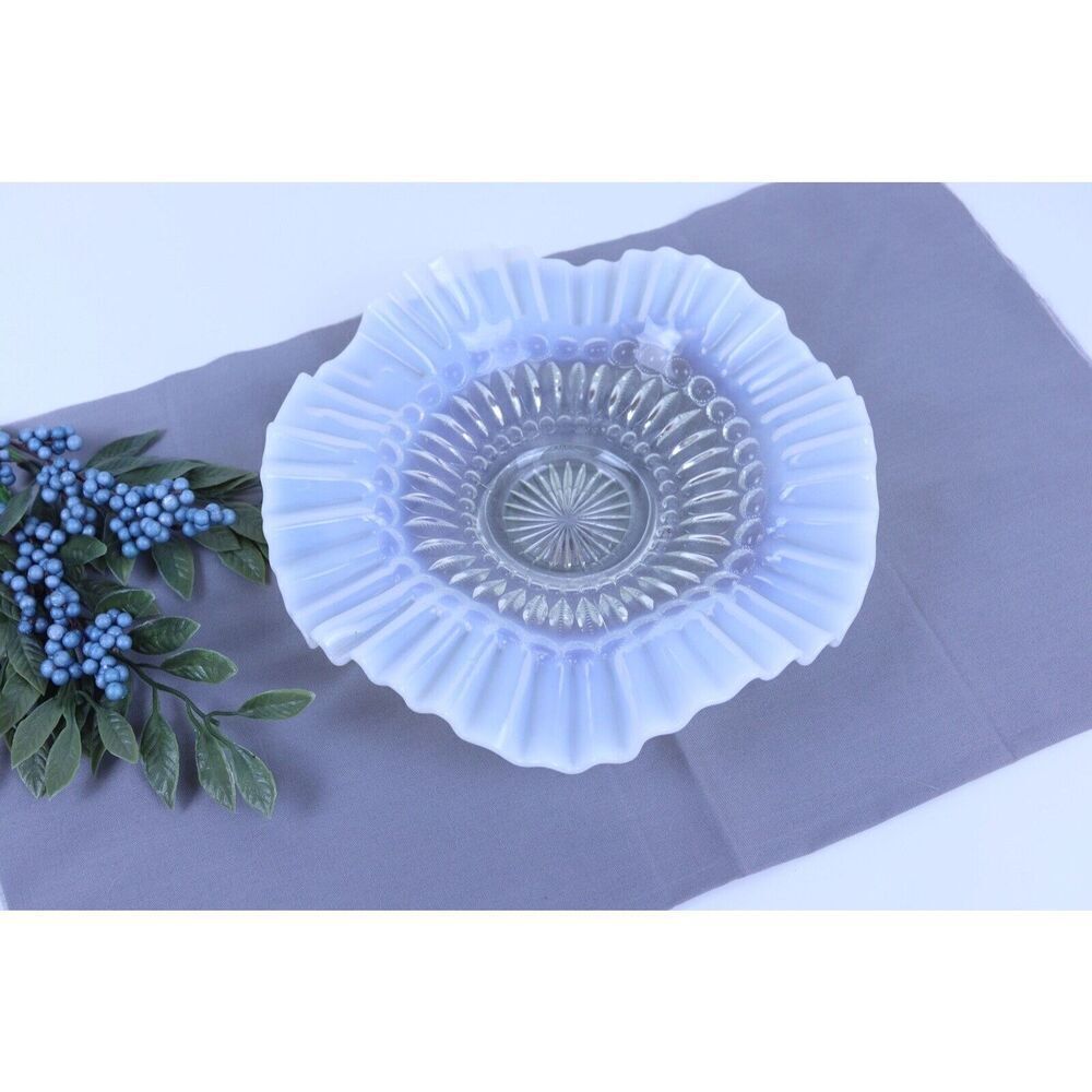 Vintage White Opalescent Jefferson Glass Barbell Pattern Ruffled Edge 8"  Bowl